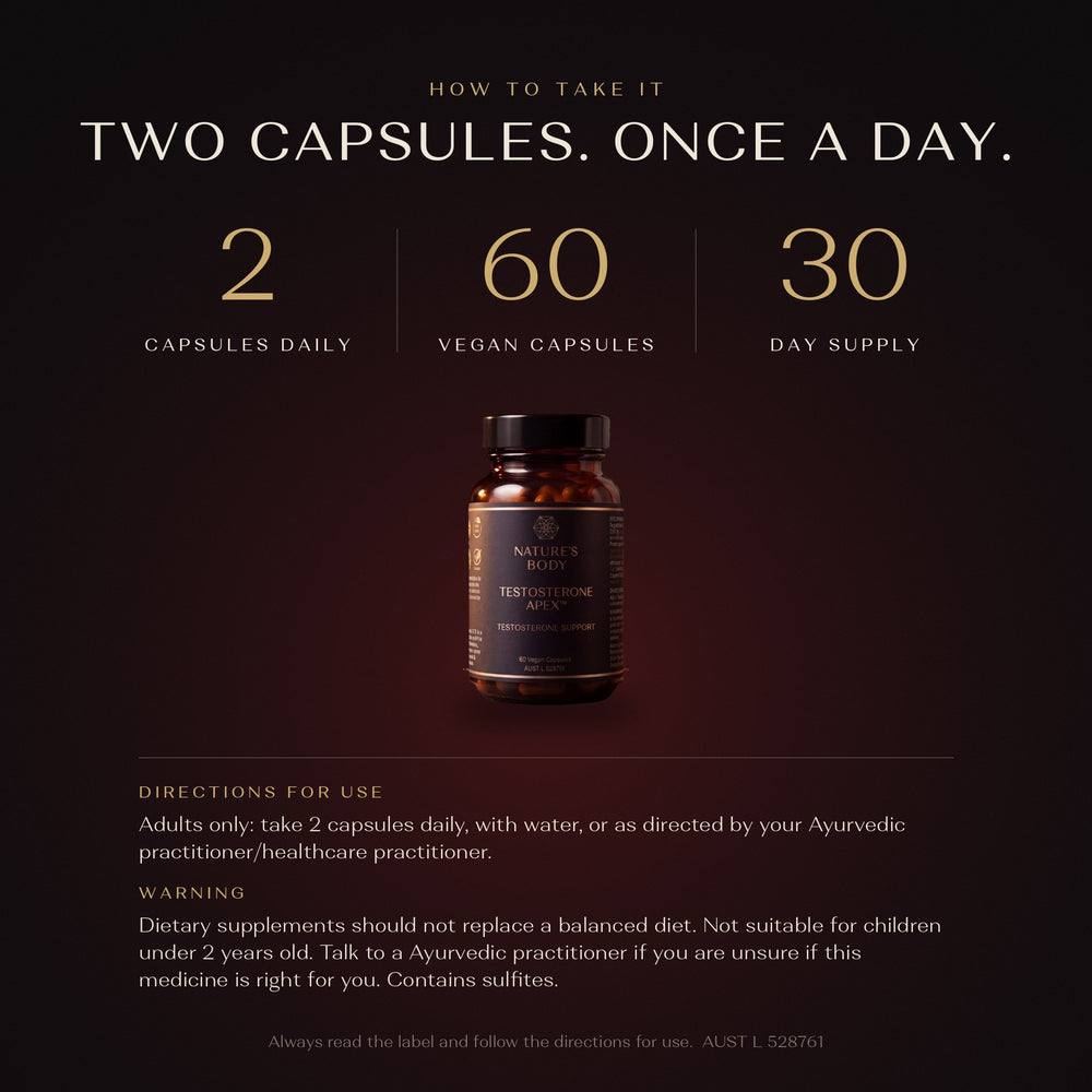 How to take Testosterone Apex: adults only, take 2 capsules once daily with water. 60 vegan capsules, 30 day supply. Contains sulfites.