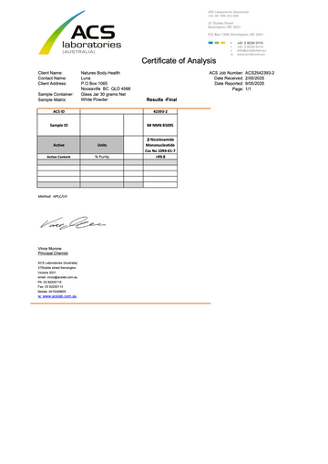 NMN 100% Pure & Stabilised (60 Capsules X 500mg) Third Party Tested
